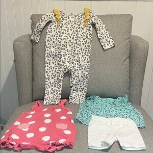Girls 4 piece bundle Leopard Romper Polka Dot Onies short Set size 6 months